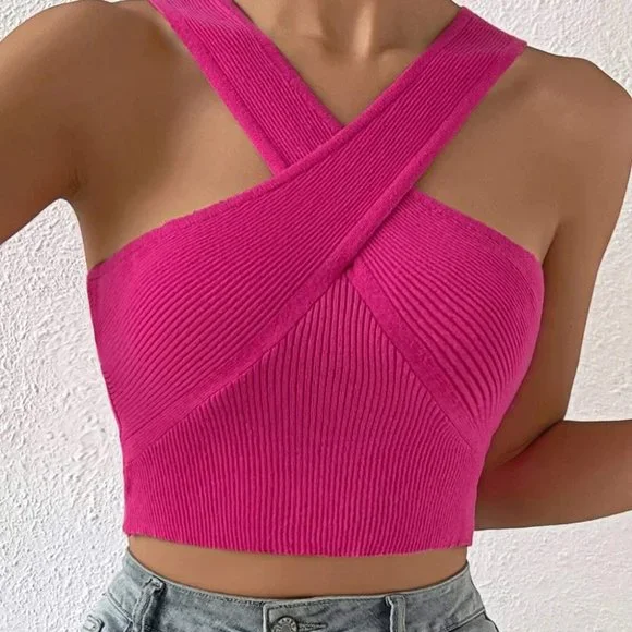 Pink Preppy Criss Cross Crop Womens Knit Top - Picture 1 of 5
